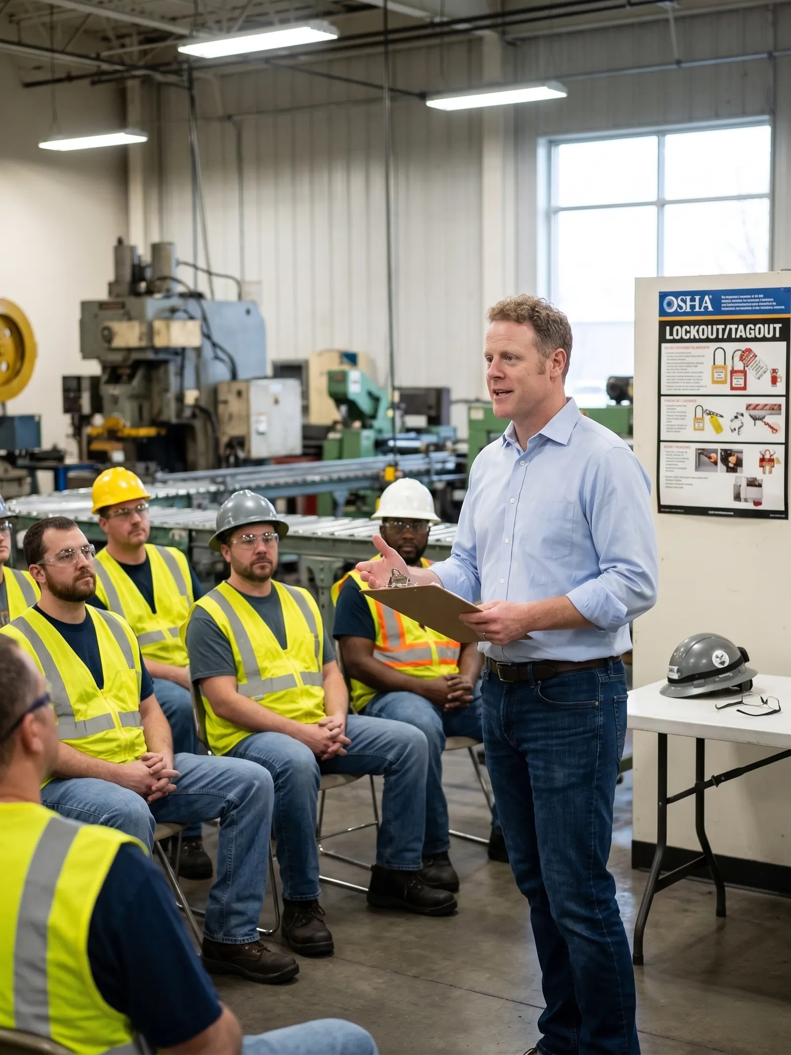 A safety lead delivering a toolbox talk to a seated crew in hi-vis vests and hard hats, beside an OSHA Lockout/Tagout poster on a manufacturing floor.