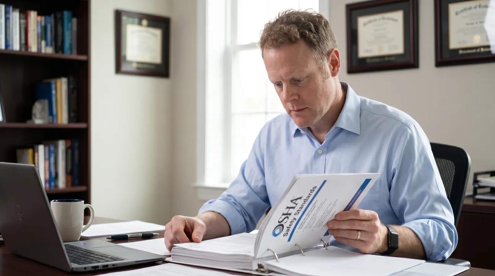 A safety manager working through a three-ring binder of printed OSHA standards beside a laptop.